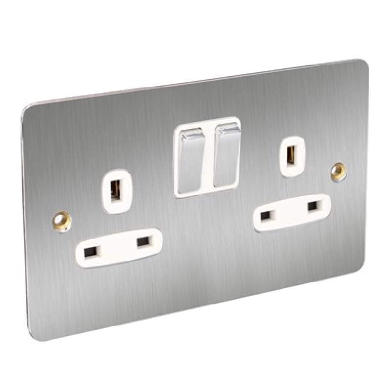 Flat Plate 13Amp 2 Gang Switched Socket Double Pole *Satin Chrom